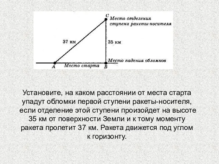 Установите, на каком расстоянии от места старта упадут обломки первой