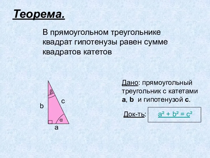 Теорема. В прямоугольном треугольнике квадрат гипотенузы равен сумме квадратов катетов