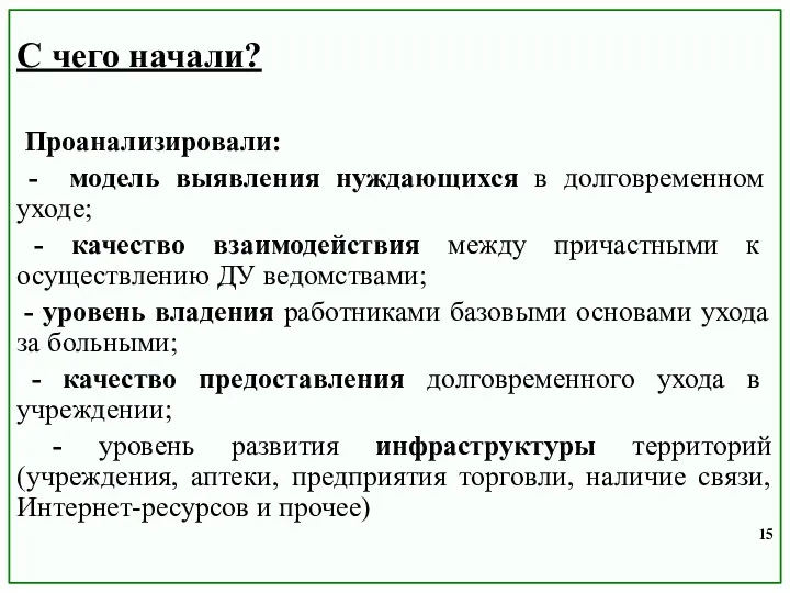 С чего начали? Проанализировали: - модель выявления нуждающихся в долговременном