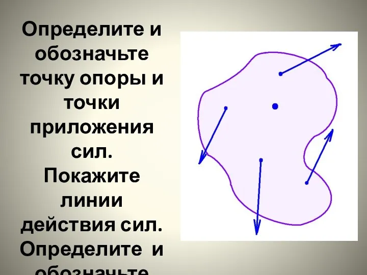 Определите и обозначьте точку опоры и точки приложения сил. Покажите