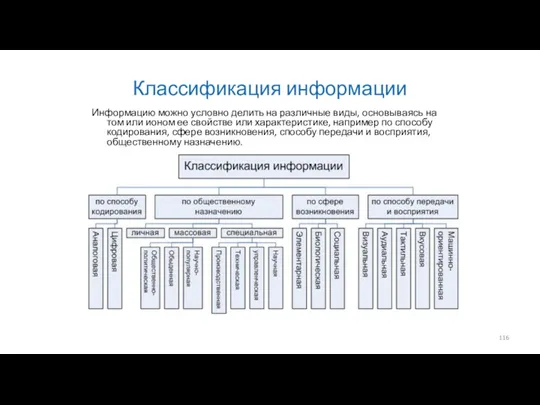 Классификация информации Информацию можно условно делить на различные виды, основываясь