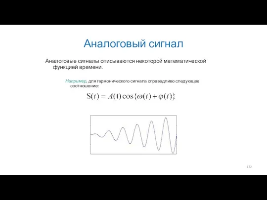 Аналоговый сигнал Аналоговые сигналы описываются некоторой математической функцией времени. Например, для гармонического сигнала справедливо следующее соотношение: