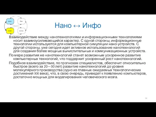 Нано ↔ Инфо Взаимодействие между нанотехнологиями и информационными технологиями носит