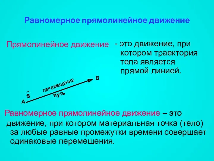 Равномерное прямолинейное движение Прямолинейное движение А В ПЕРЕМЕЩЕНИЕ путь -