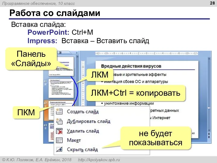 Работа со слайдами PowerPoint: Ctrl+M Impress: Вставка – Вставить слайд