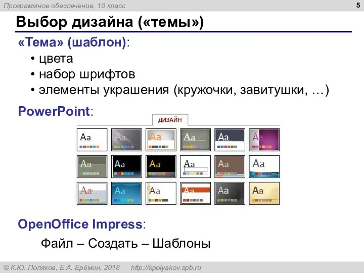 Выбор дизайна («темы») PowerPoint: OpenOffice Impress: Файл – Создать –