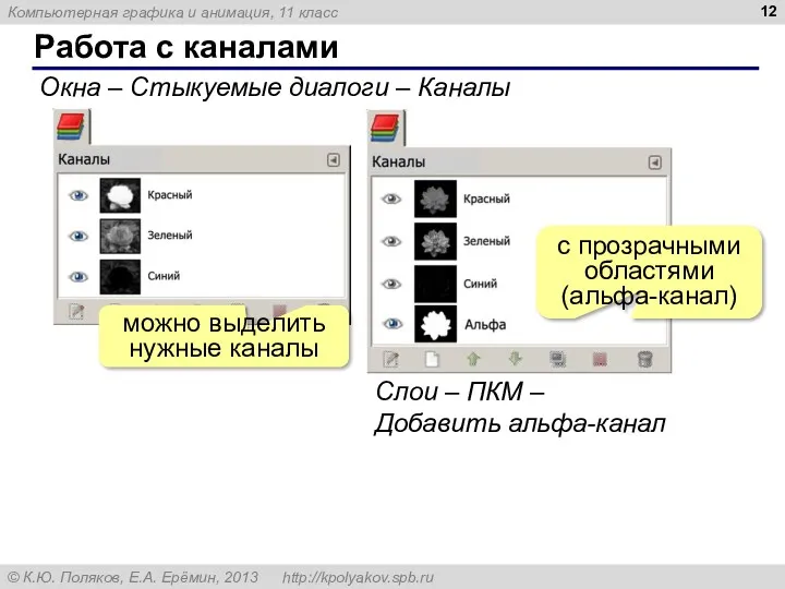 Работа с каналами Окна – Стыкуемые диалоги – Каналы можно