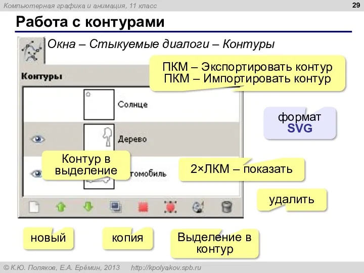 Работа с контурами Окна – Стыкуемые диалоги – Контуры Выделение