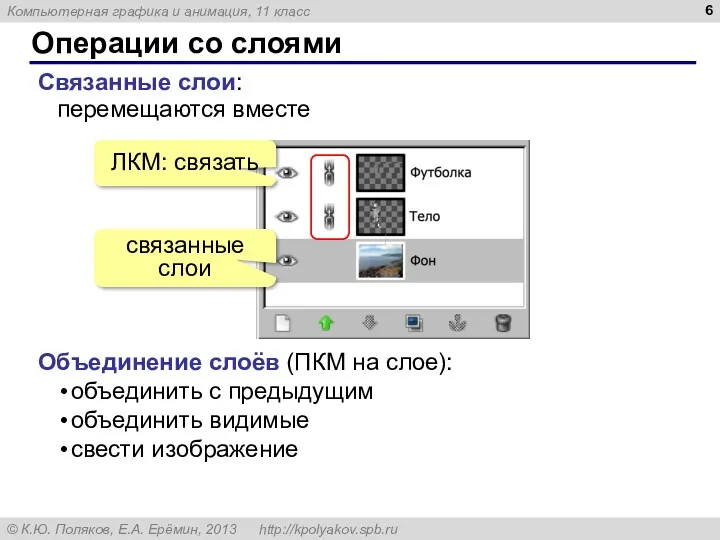 Операции со слоями Связанные слои: ЛКМ: связать связанные слои перемещаются