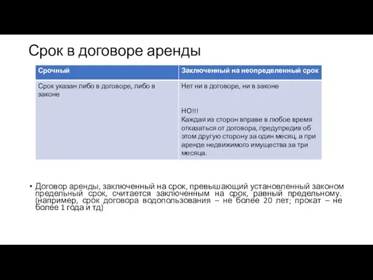 Срок в договоре аренды Договор аренды, заключенный на срок, превышающий