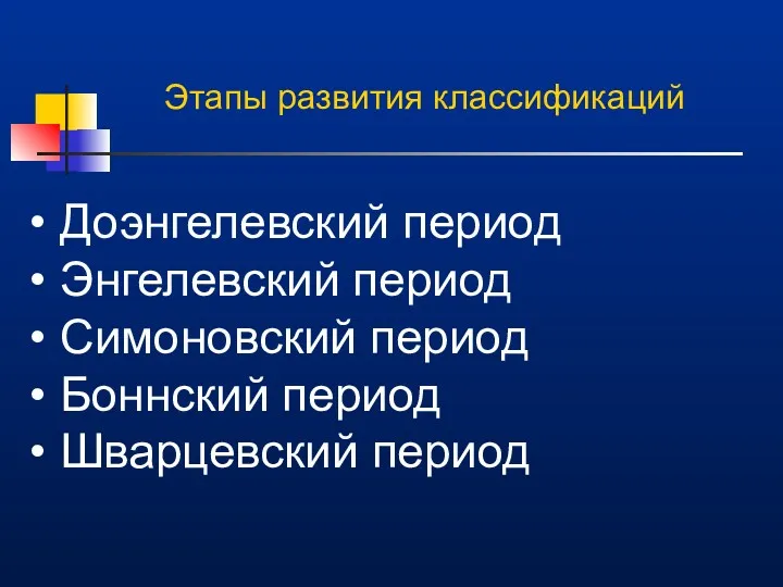 Доэнгелевский период Энгелевский период Симоновский период Боннский период Шварцевский период Этапы развития классификаций