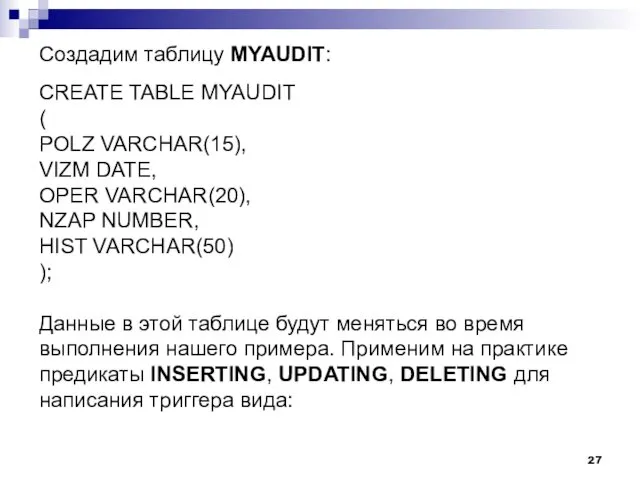 Создадим таблицу MYAUDIT: CREATE TABLE MYAUDIT ( POLZ VARCHAR(15), VIZM
