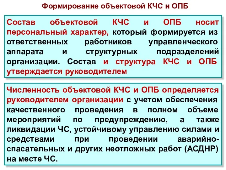 Численность объектовой КЧС и ОПБ определяется руководителем организации с учетом