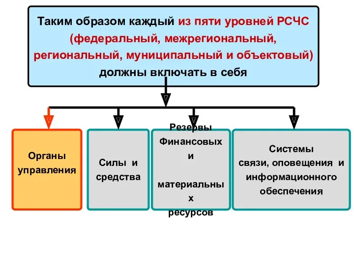 Таким образом каждый из пяти уровней РСЧС (федеральный, межрегиональный, региональный,