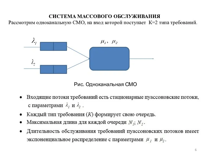 СИСТЕМА МАССОВОГО ОБСЛУЖИВАНИЯ Рассмотрим одноканальную СМО, на вход которой поступает К=2 типа требований. Рис. Одноканальная СМО