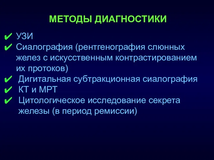 МЕТОДЫ ДИАГНОСТИКИ УЗИ Сиалография (рентгенография слюнных желез с искусственным контрастированием