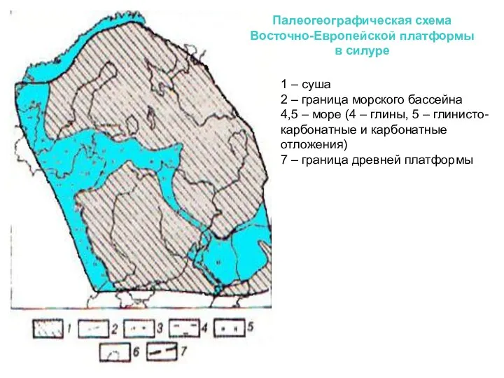 Палеогеографическая схема Восточно-Европейской платформы в силуре 1 – суша 2