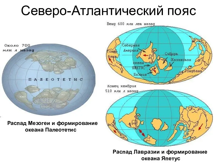 Северо-Атлантический пояс Распад Мезогеи и формирование океана Палеотетис Распад Лавразии и формирование океана Япетус