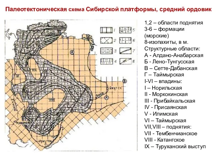 Палеотектоническая схема Сибирской платформы, средний ордовик 1,2 – области поднятия