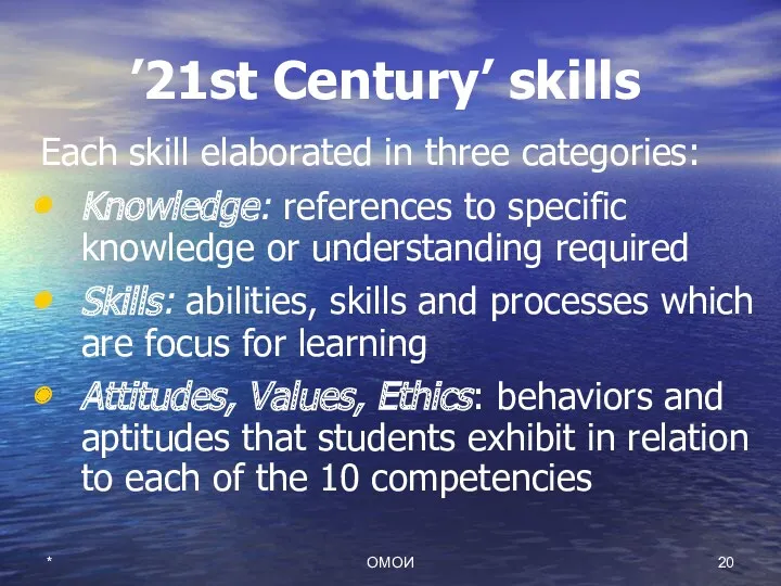 ’21st Century’ skills Each skill elaborated in three categories: Knowledge: