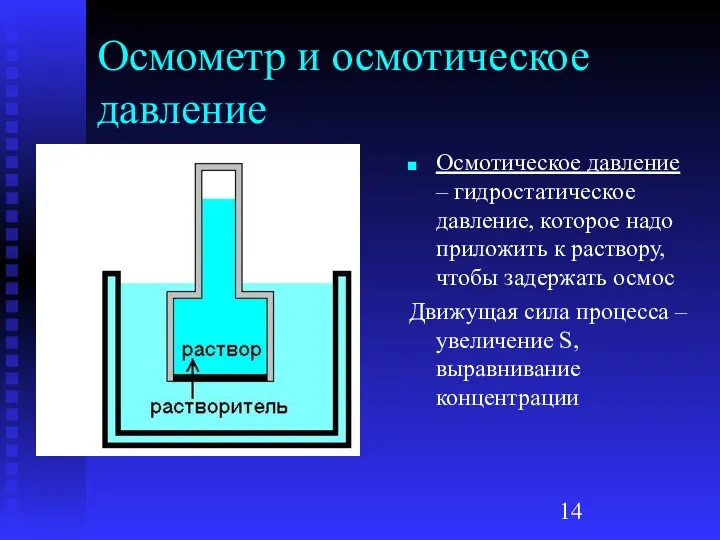 Осмометр и осмотическое давление Осмотическое давление – гидростатическое давление, которое