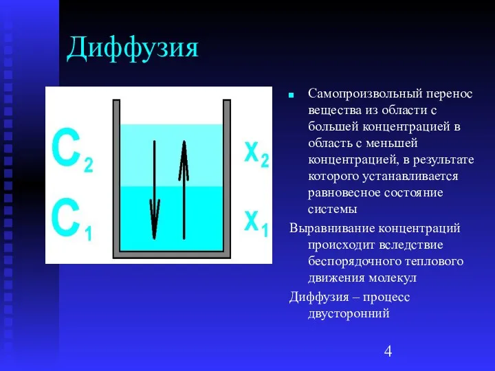 Диффузия Самопроизвольный перенос вещества из области с большей концентрацией в