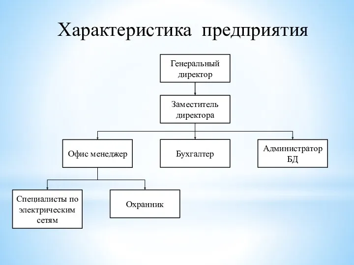 Характеристика предприятия Генеральный директор Заместитель директора Специалисты по электрическим сетям Охранник Офис менеджер Администратор БД Бухгалтер