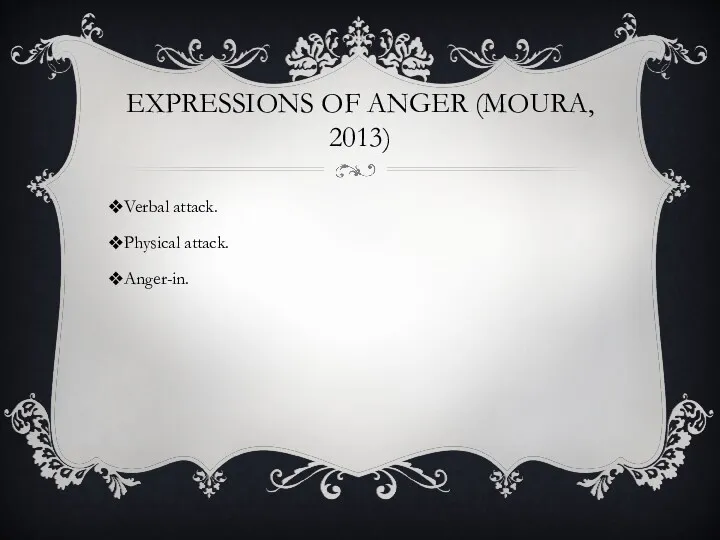 EXPRESSIONS OF ANGER (MOURA, 2013) Verbal attack. Physical attack. Anger-in.