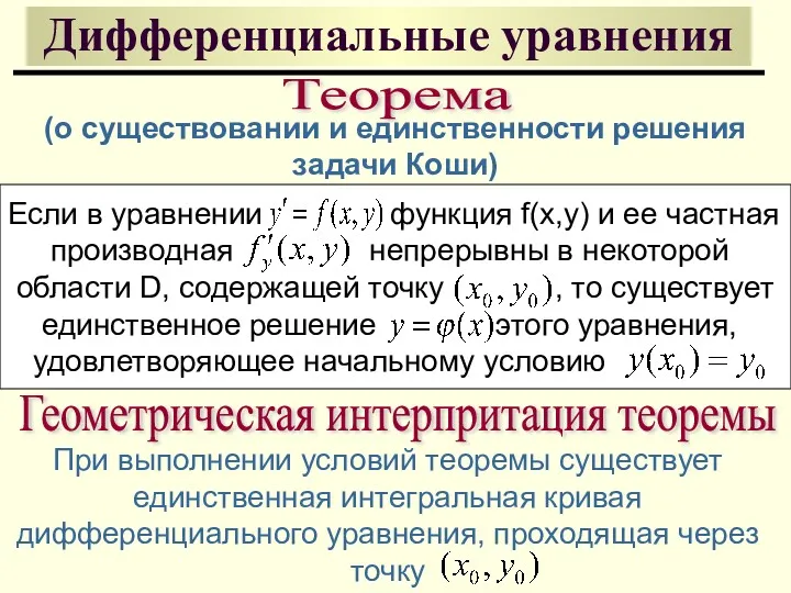 Дифференциальные уравнения Теорема Если в уравнении функция f(x,y) и ее