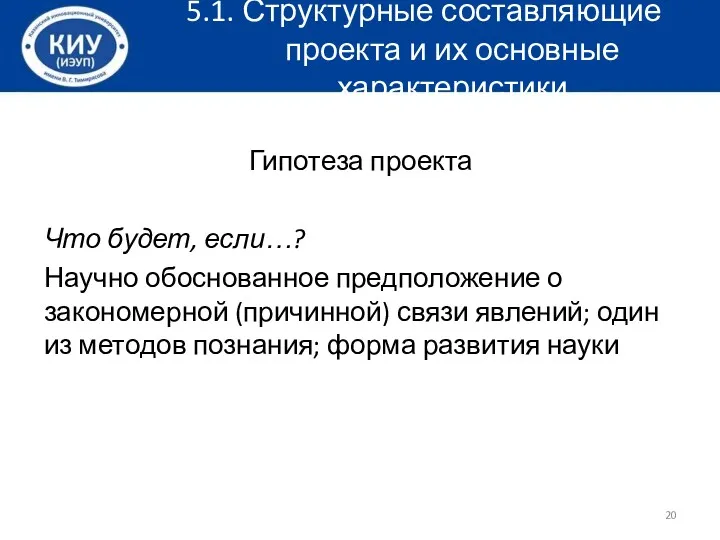 5.1. Структурные составляющие проекта и их основные характеристики Гипотеза проекта