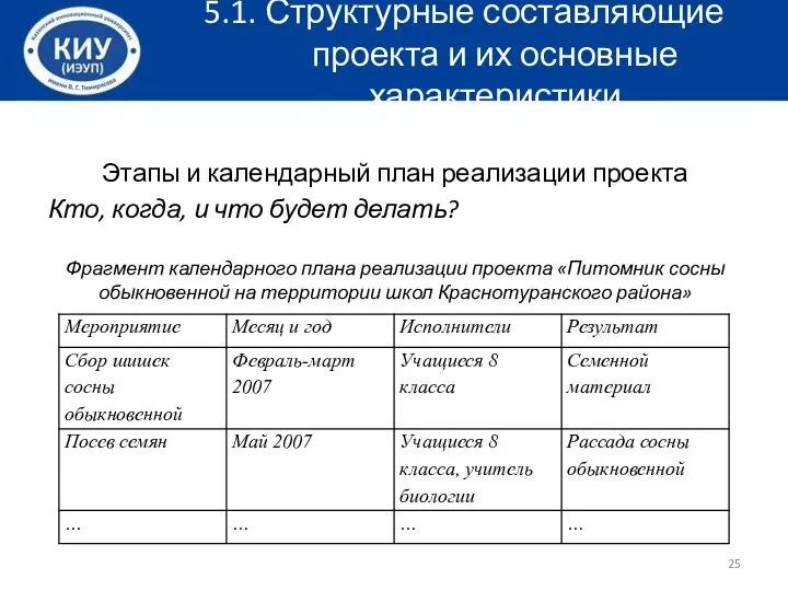 5.1. Структурные составляющие проекта и их основные характеристики Этапы и