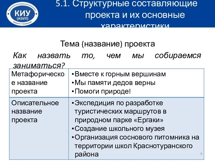 5.1. Структурные составляющие проекта и их основные характеристики Тема (название)