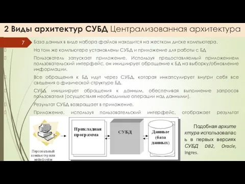 2 Виды архитектур СУБД Централизованная архитектура База данных в виде