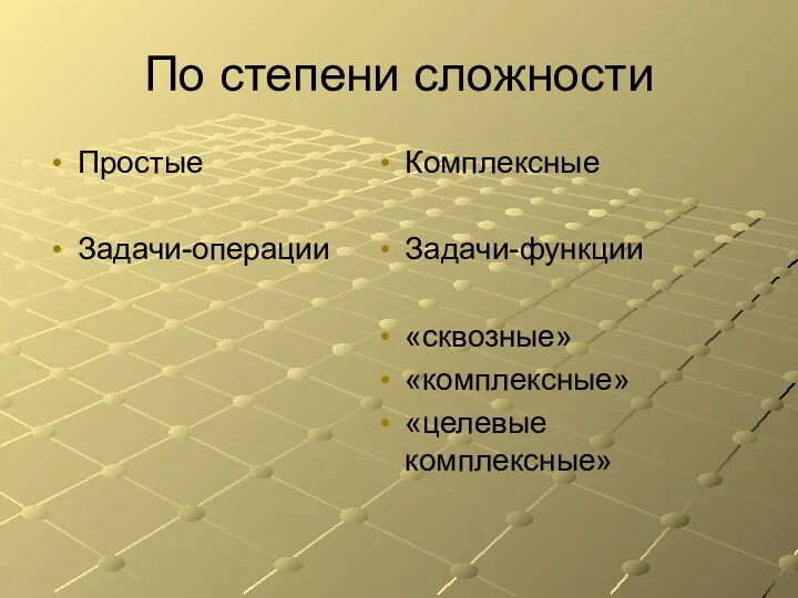 По степени сложности Простые Задачи-операции Комплексные Задачи-функции «сквозные» «комплексные» «целевые комплексные»