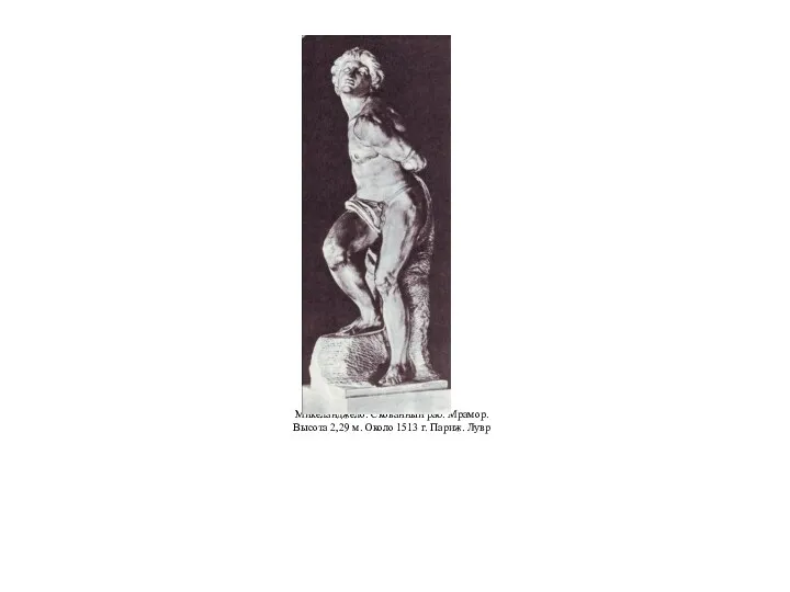 Микеланджело. Скованный раб. Мрамор. Высота 2,29 м. Около 1513 г. Париж. Лувр