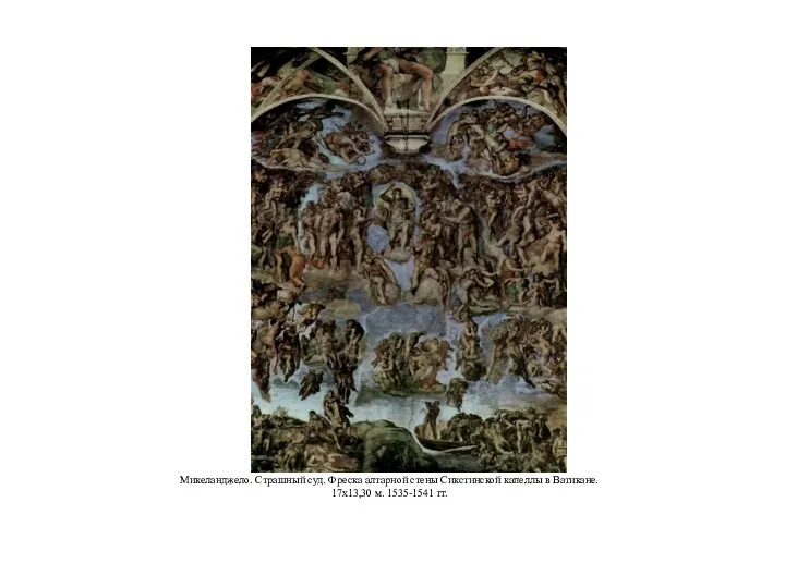 Микеланджело. Страшный суд. Фреска алтарной стены Сикстинской капеллы в Ватикане. 17x13,30 м. 1535-1541 гг.