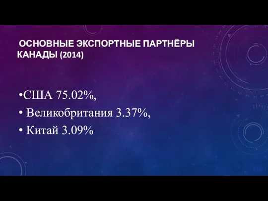 ОСНОВНЫЕ ЭКСПОРТНЫЕ ПАРТНЁРЫ КАНАДЫ (2014) США 75.02%, Великобритания 3.37%, Китай 3.09%