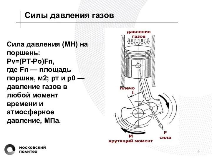 Силы давления газов Сила давления (МН) на поршень: Pv=(PT-Po)Fn, где