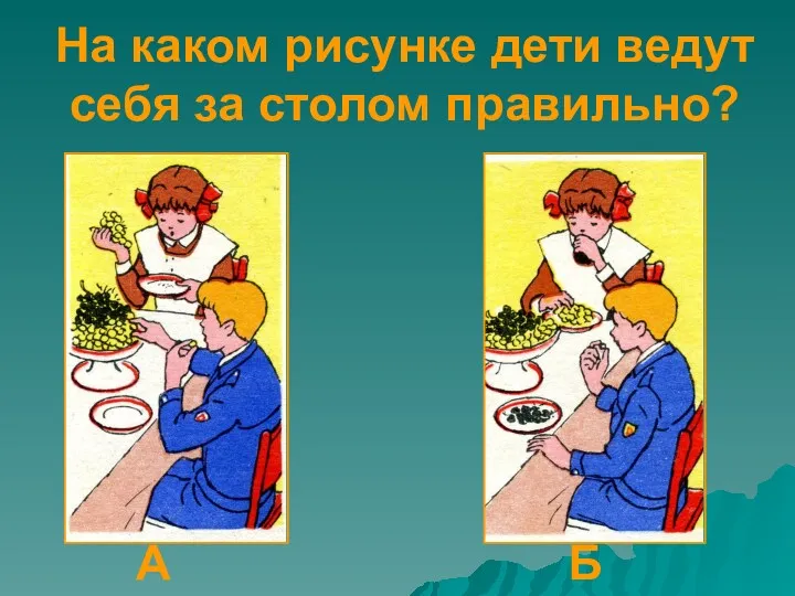 На каком рисунке дети ведут себя за столом правильно? А Б