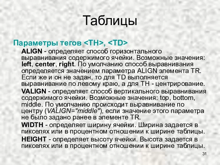 Таблицы Параметры тегов , ALIGN - определяет способ горизонтального выравнивания