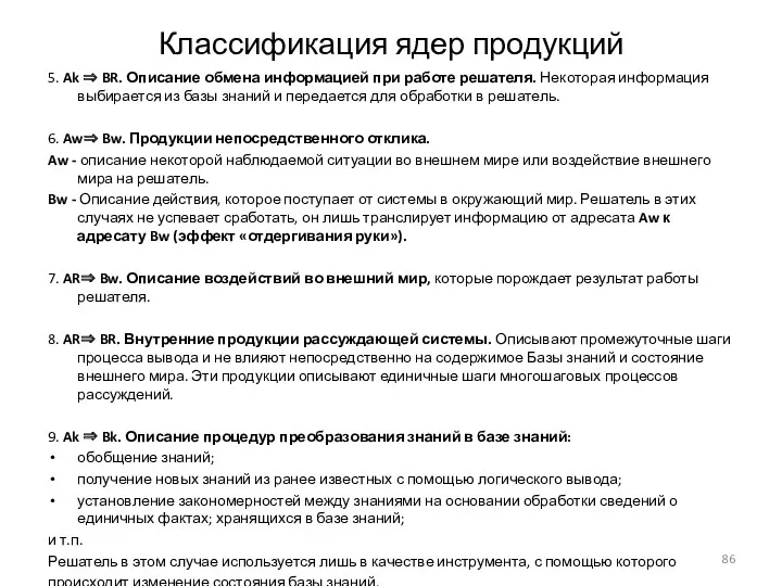 Классификация ядер продукций 5. Ak ⇒ BR. Описание обмена информацией