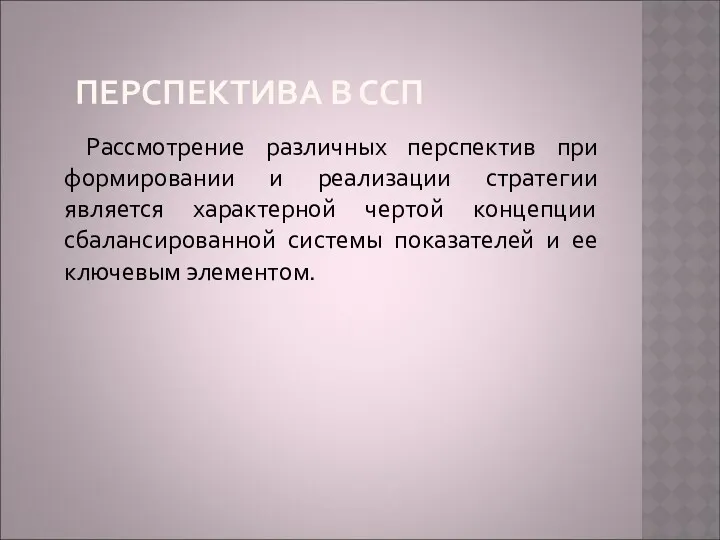 ПЕРСПЕКТИВА В ССП Рассмотрение различных перспектив при формировании и реализации