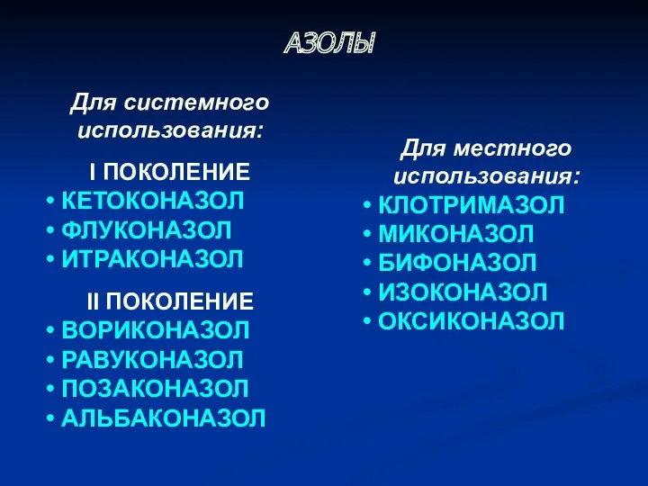 Для местного использования: КЛОТРИМАЗОЛ МИКОНАЗОЛ БИФОНАЗОЛ ИЗОКОНАЗОЛ ОКСИКОНАЗОЛ АЗОЛЫ Для