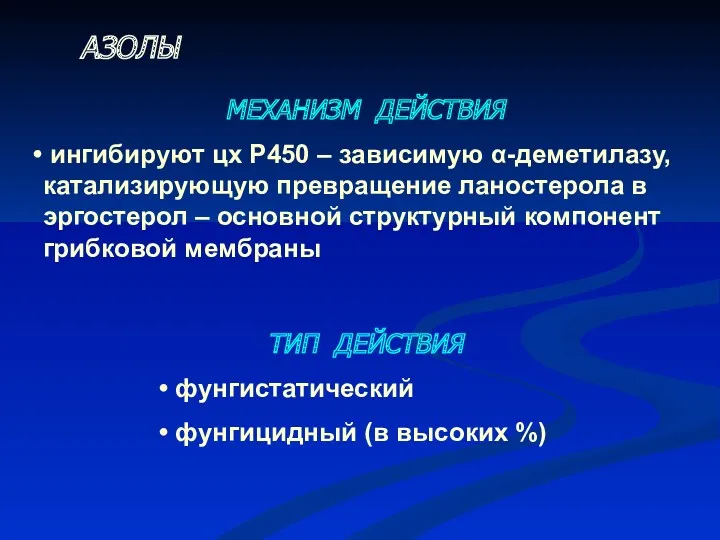 АЗОЛЫ МЕХАНИЗМ ДЕЙСТВИЯ ингибируют цх Р450 – зависимую α-деметилазу, катализирующую