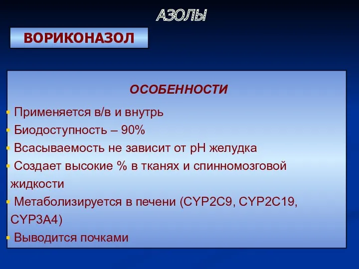 ВОРИКОНАЗОЛ ОСОБЕННОСТИ Применяется в/в и внутрь Биодоступность – 90% Всасываемость