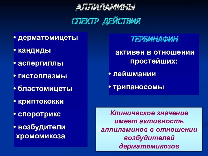 АЛЛИЛАМИНЫ ТЕРБИНАФИН активен в отношении простейших: лейшмании трипаносомы СПЕКТР ДЕЙСТВИЯ