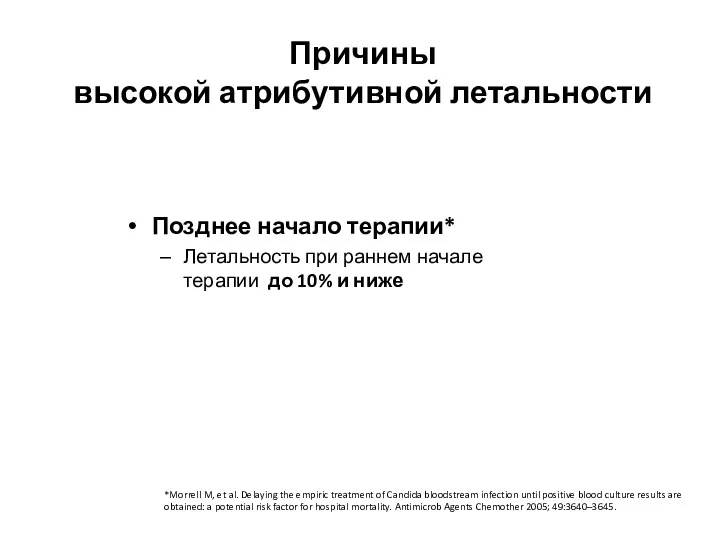 Причины высокой атрибутивной летальности Позднее начало терапии* Летальность при раннем