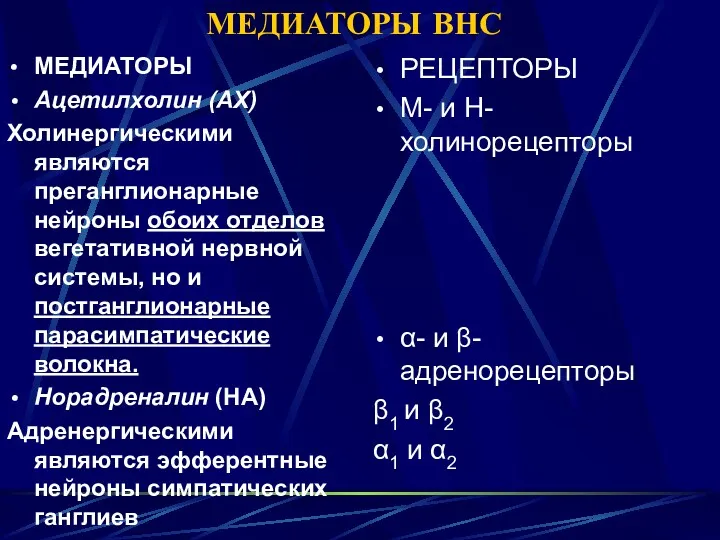 МЕДИАТОРЫ ВНС МЕДИАТОРЫ Ацетилхолин (АХ) Холинергическими являются преганглионарные нейроны обоих