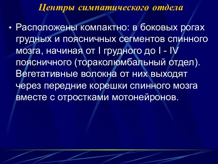 Центры симпатического отдела Расположены компактно: в боковых рогах грудных и