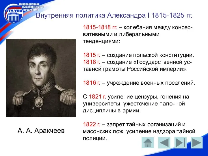 Внутренняя политика Александра I 1815-1825 гг. А. А. Аракчеев 1815-1818